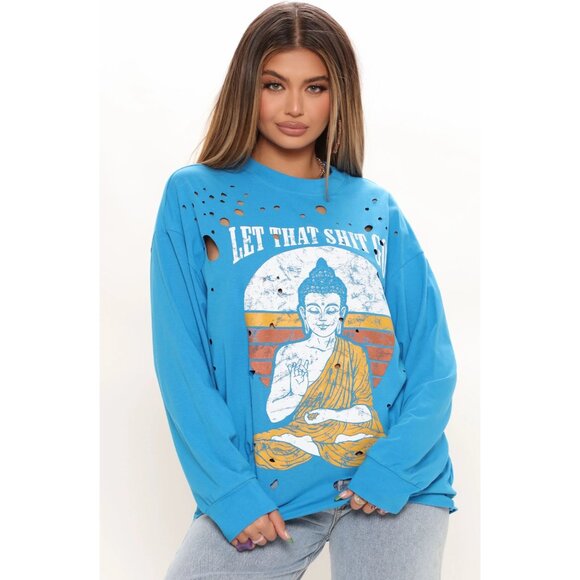 Fashion Nova ✦ Let That Sh*t Go Distressed Long Sleeve ✦ Aqua Buddha Graphic S - Picture 1 of 7